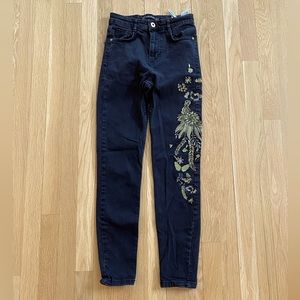 Zara Womens Black Stretch Denim with Stretch:/ Gold Silver Embroidery / Size 4